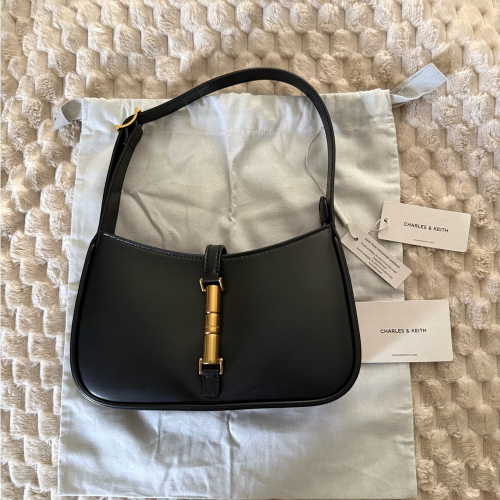 Charles & Keith Cesia Metallic Accent Shoulder Bag - Black